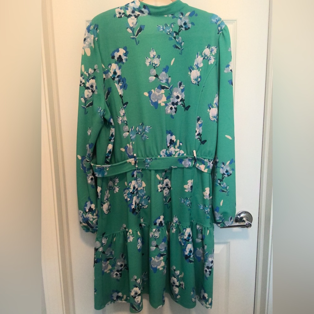NWT Danny & Nicole Green & Blue Floral Collared V-Neck Belted Dress 18 - Picture 2 of 14